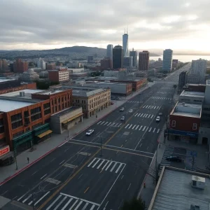 Aerial view of Bay Area skyline showing empty streets