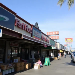 A diverse California market showing fast-food chains and local businesses.