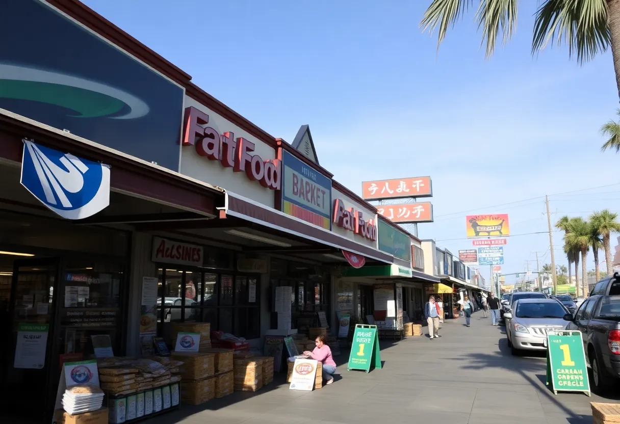 A diverse California market showing fast-food chains and local businesses.