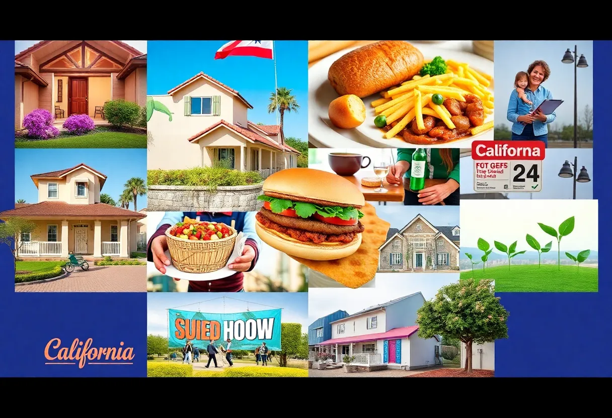 Collage of California business news including food promotions, homeowner fees, and community events.