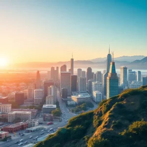 A landscape symbolizing California's economic resilience with elements of technology and diverse job markets.