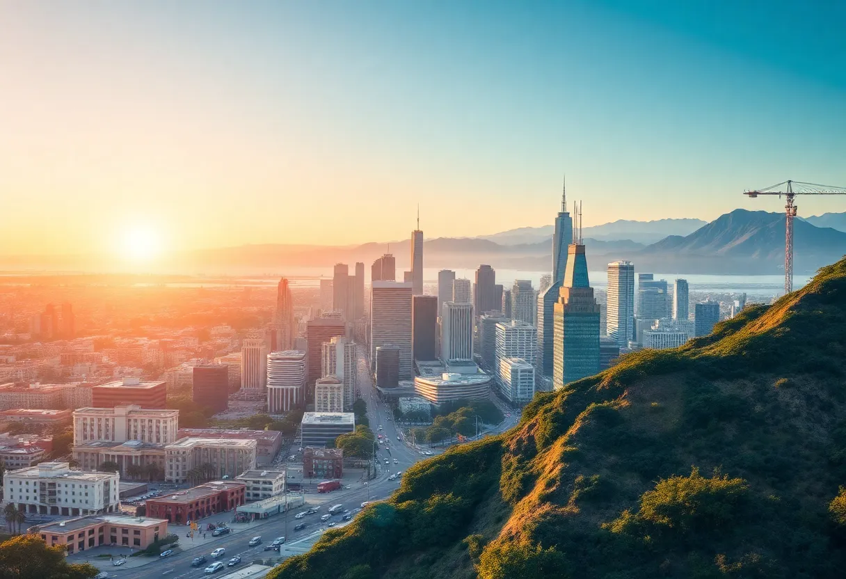 A landscape symbolizing California's economic resilience with elements of technology and diverse job markets.