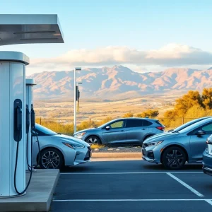 Electric vehicles charging at a station in California