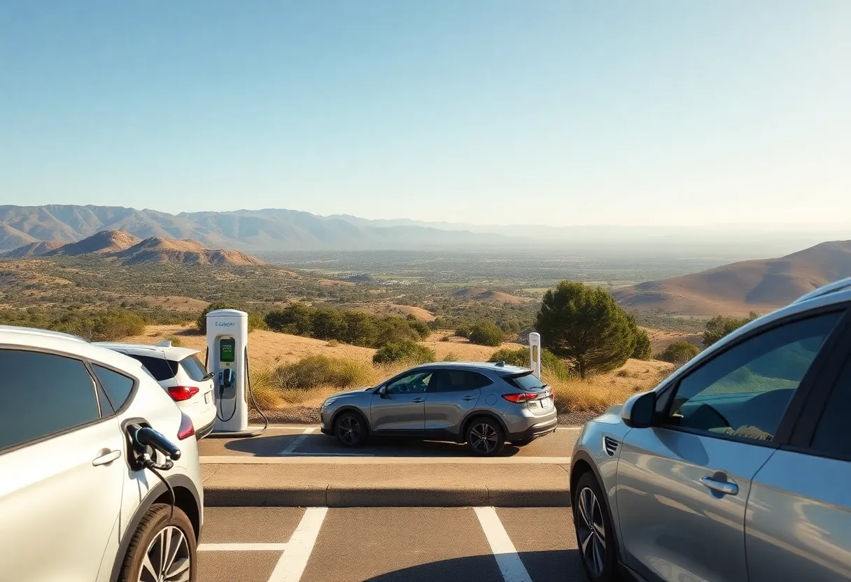 Electric vehicles charging in California with beautiful landscapes.