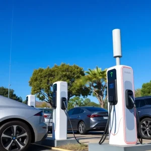 Electric vehicle chargers in California with EV cars