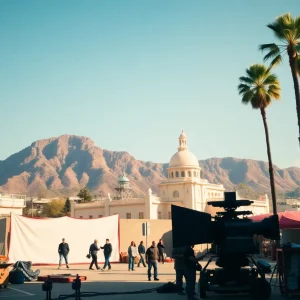 Film crew working on a movie set in California