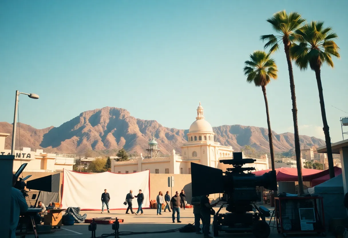Film crew working on a movie set in California