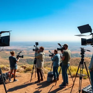 Film crew working on a set in California