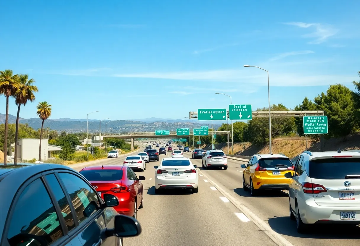 A California highway filled with a mix of electric and gasoline vehicles under a clear blue sky.