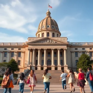 California state capitol in Sacramento with families emphasizing safety in schools