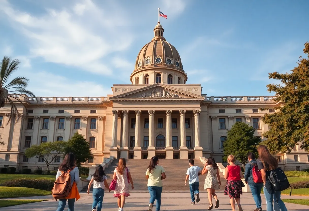 California state capitol in Sacramento with families emphasizing safety in schools