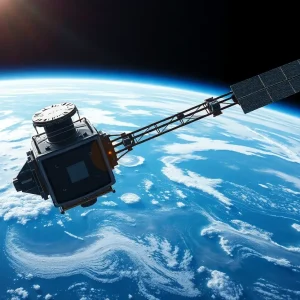 Illustration of a satellite detecting methane emissions above Earth.