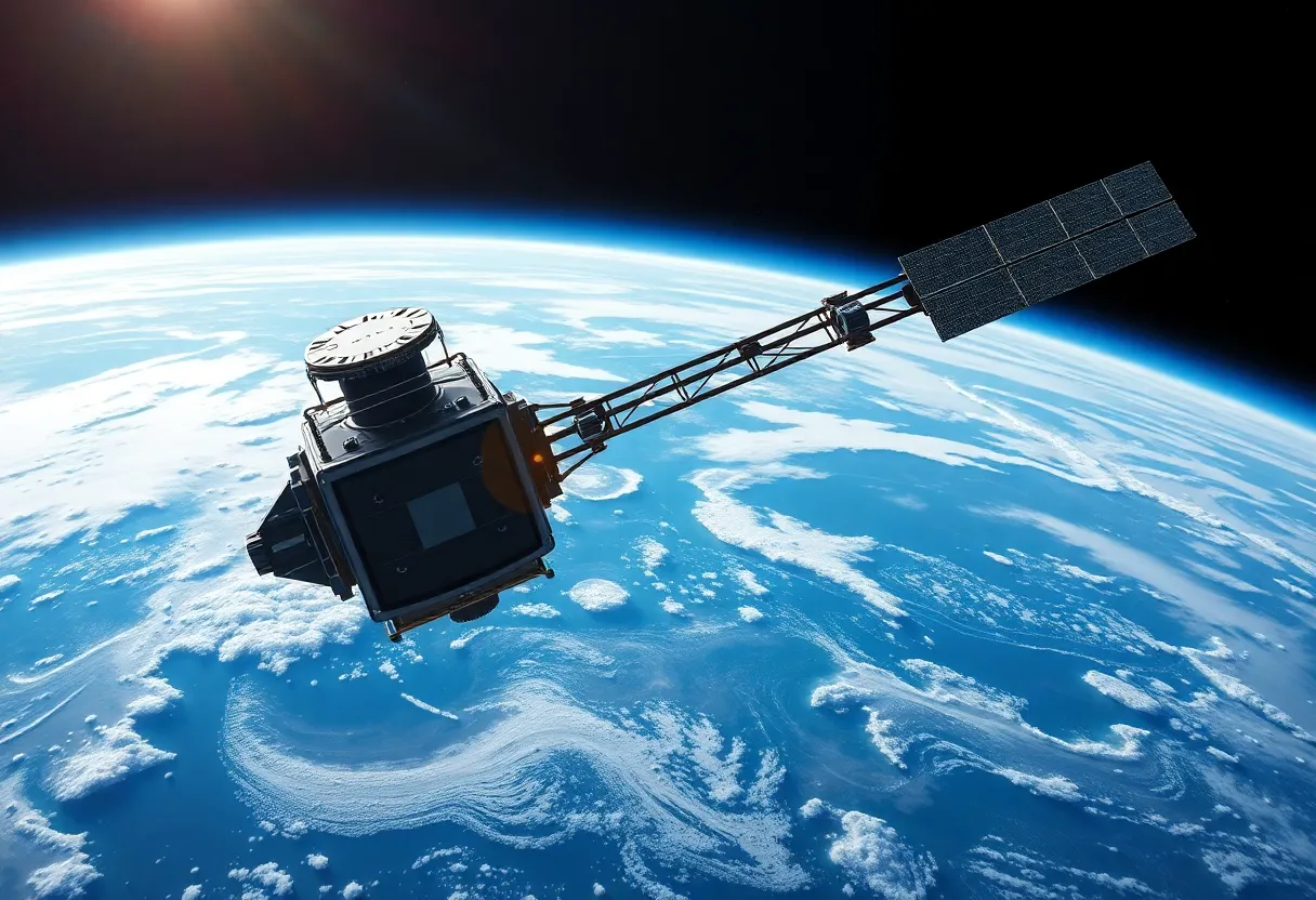 Illustration of a satellite detecting methane emissions above Earth.