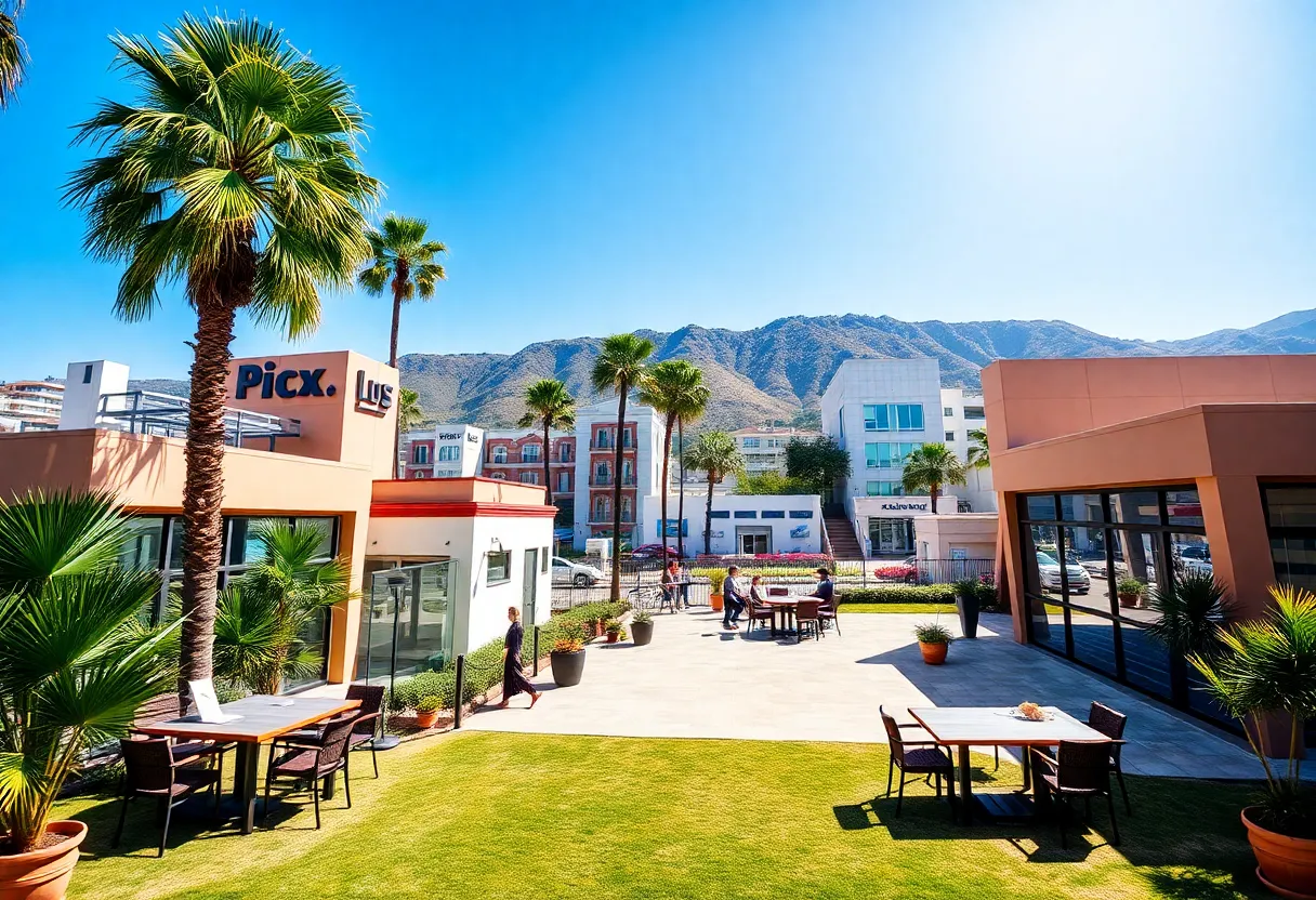 A bustling California co-working space filled with entrepreneurs collaborating.