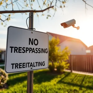 A California property displaying a 'No Trespassing' sign