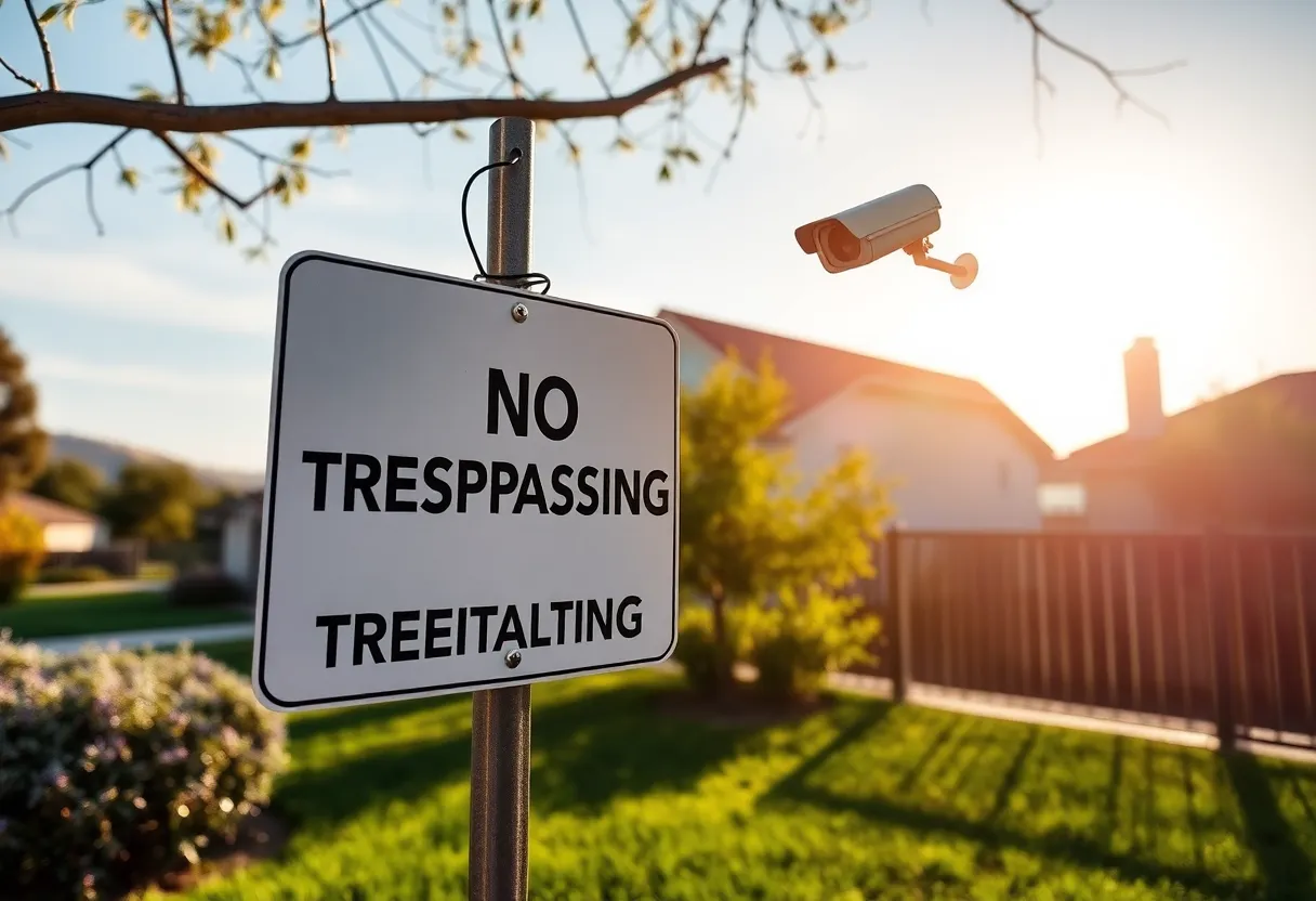 A California property displaying a 'No Trespassing' sign