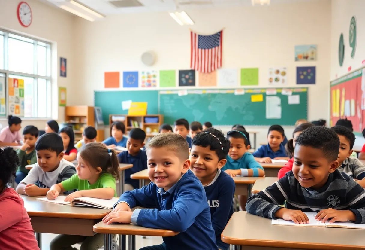 Students and teachers in a classroom celebrating the Purple Star School designation.