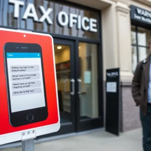 Warning sign in front of a tax office about scams