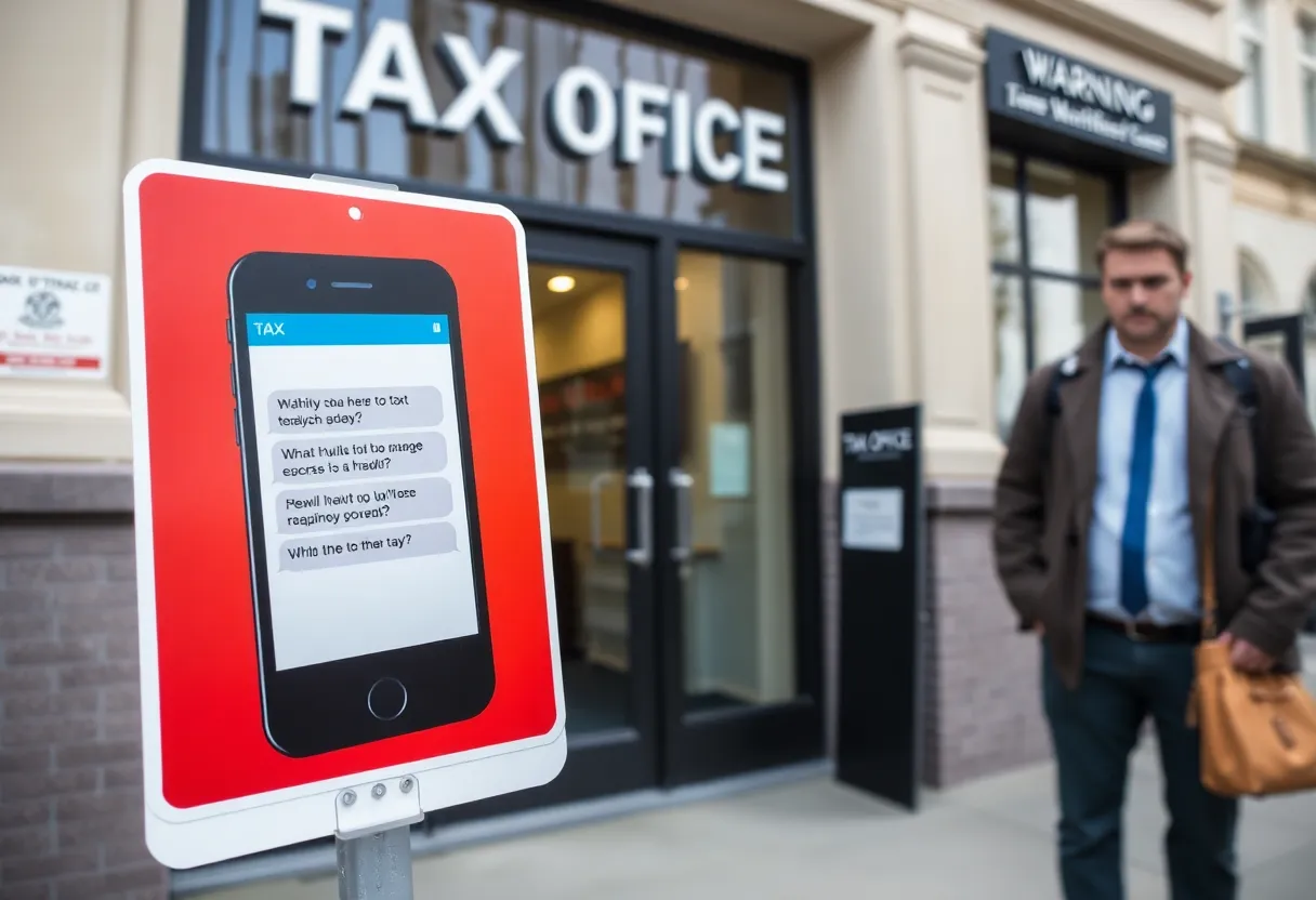 Warning sign in front of a tax office about scams