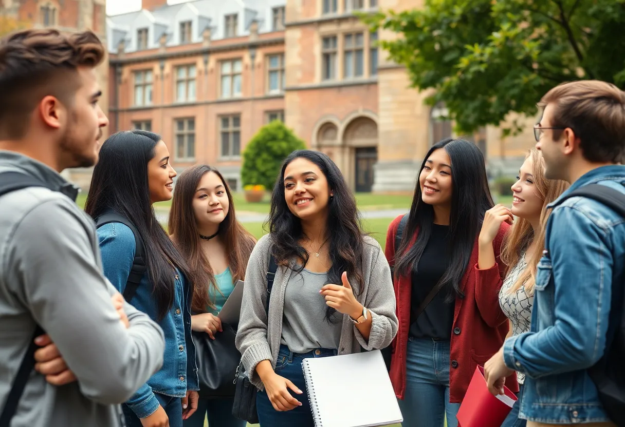 Students discussing on a university campus
