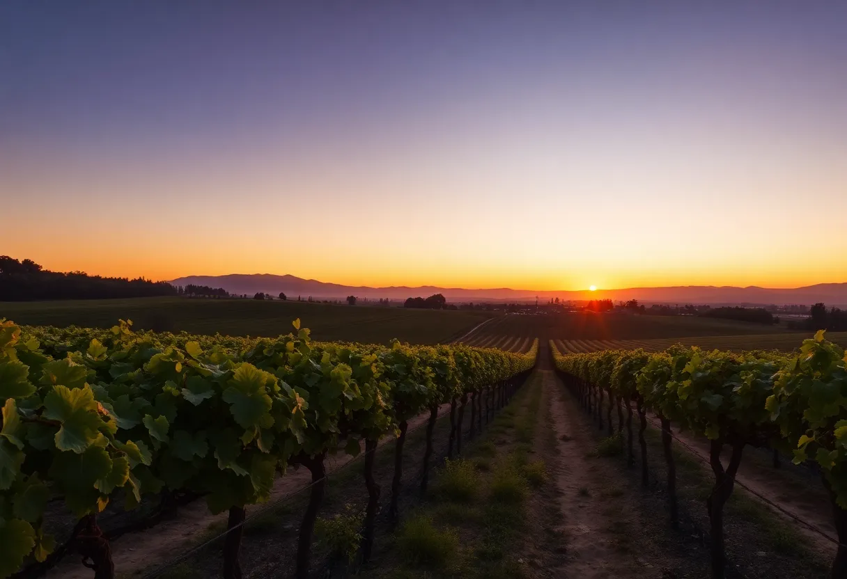 Sunset over a vineyard in California