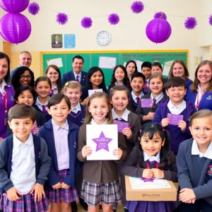 Students and educators celebrating the Purple Star designation at Carlsbad schools