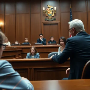 Courtroom scene depicting custody battle