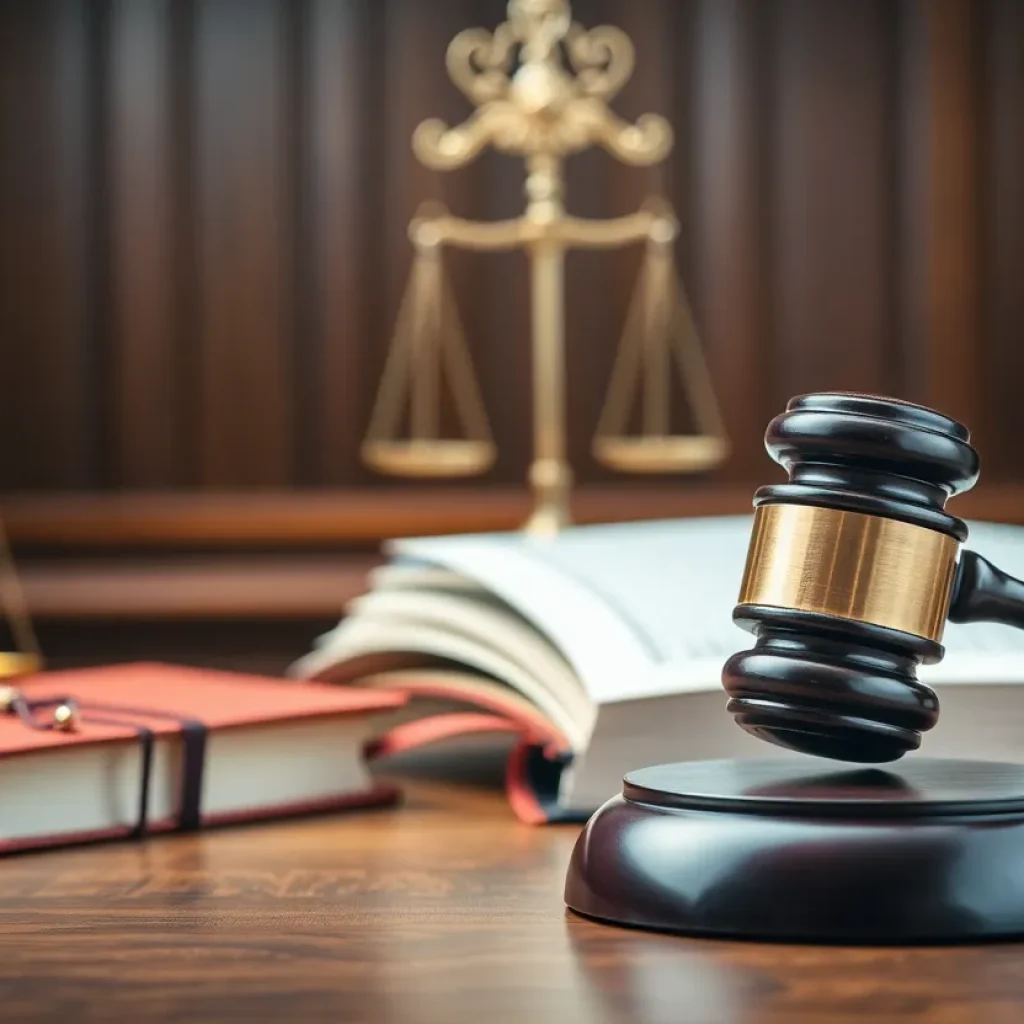 Courtroom with gavel and legal books