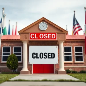 Closed school building signage symbolizing education department closure