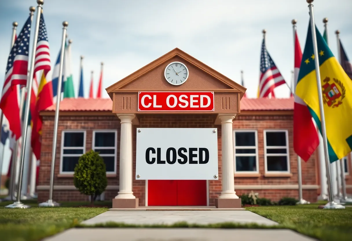 Closed school building signage symbolizing education department closure