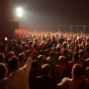 Crowd cheering at a 1956 Elvis concert on an aircraft carrier.