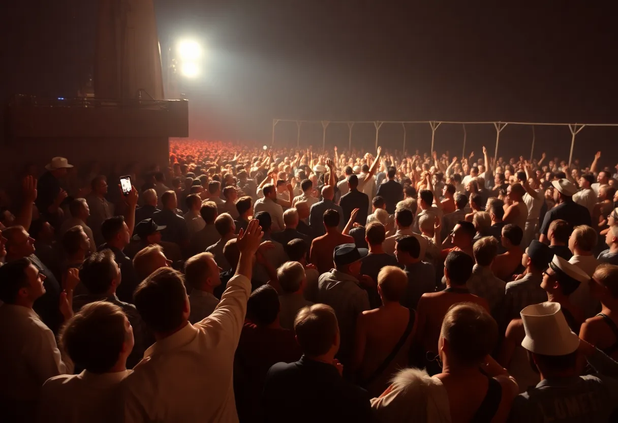 Crowd cheering at a 1956 Elvis concert on an aircraft carrier.