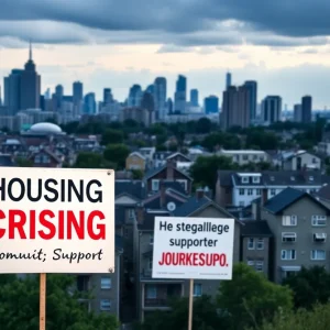 An urban skyline illustrating a housing crisis with visible signs of community struggle.