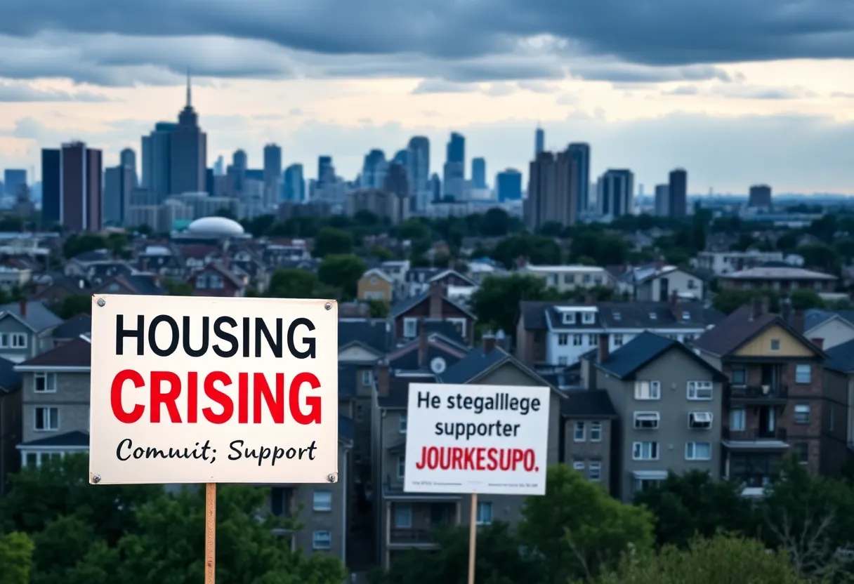 An urban skyline illustrating a housing crisis with visible signs of community struggle.