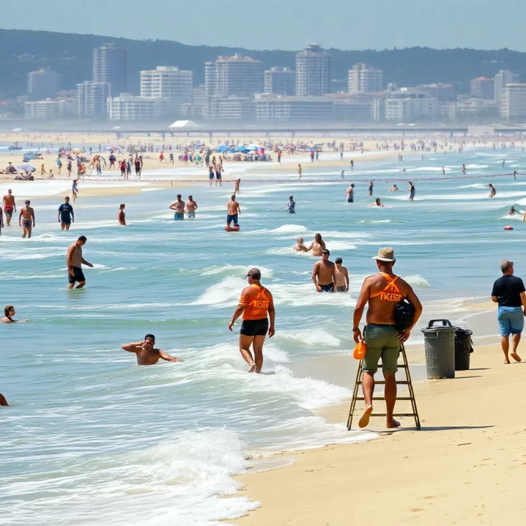 Lifeguards on duty at a San Diego beach with warning signs about rip currents.