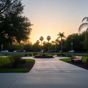 A peaceful park in Oxnard, California at sunset, representing community support.