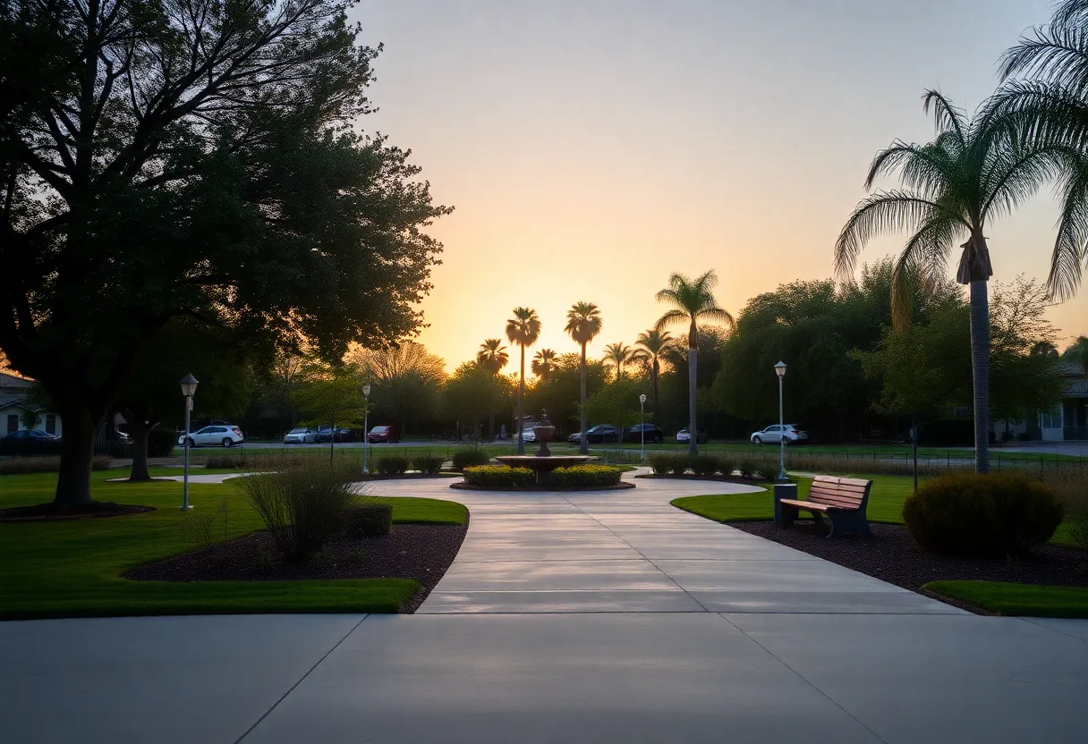 A peaceful park in Oxnard, California at sunset, representing community support.