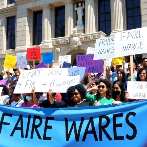 A rally for rideshare drivers advocating for fair wages at Los Angeles City Hall.