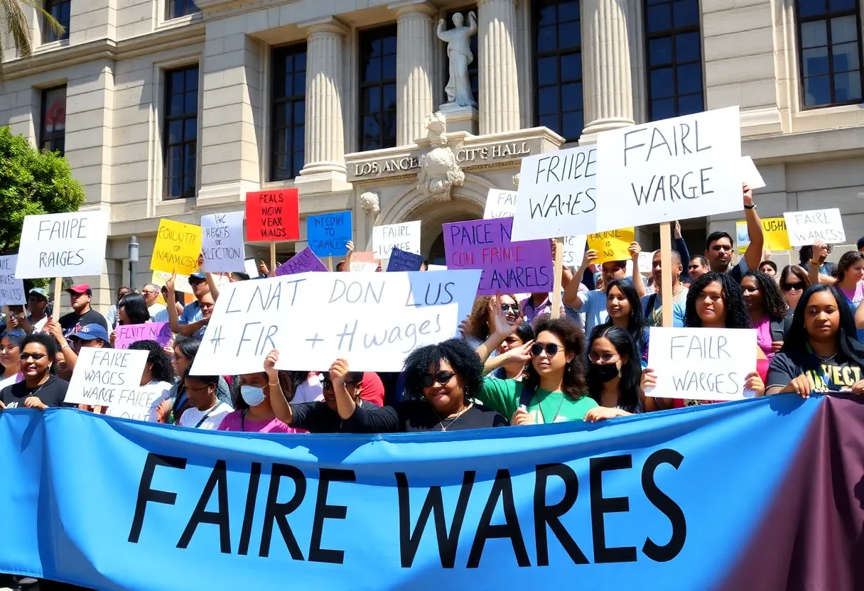 A rally for rideshare drivers advocating for fair wages at Los Angeles City Hall.