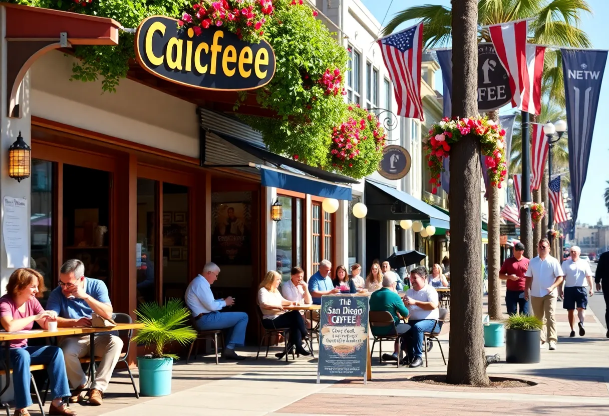 A bustling street in San Diego featuring women-owned coffee shops and a lively crowd.