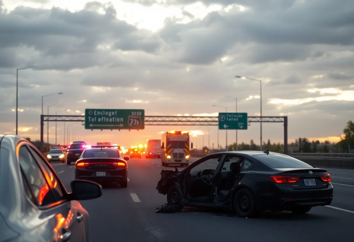 Crash scene on a San Diego highway with emergency services present.
