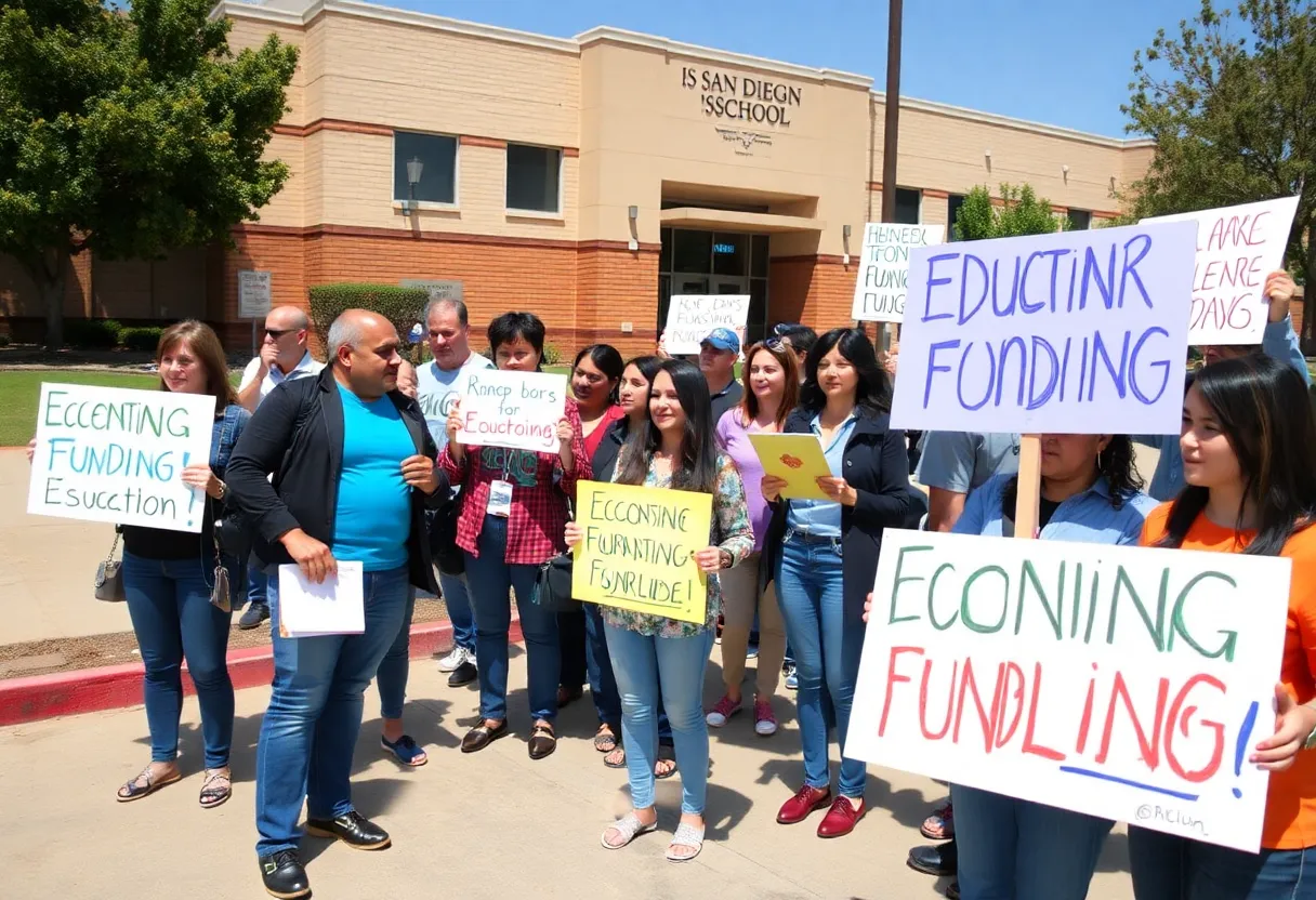 Group of parents and teachers advocating for education funding outside a San Diego school
