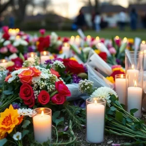 Memorial candles and flowers in remembrance of a young girl.