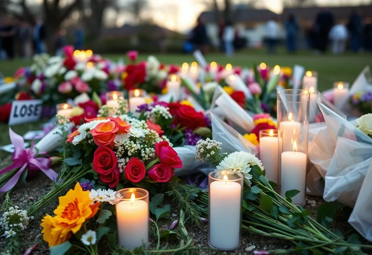 Memorial candles and flowers in remembrance of a young girl.