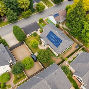 Aerial view of a suburban neighborhood with houses and gardens