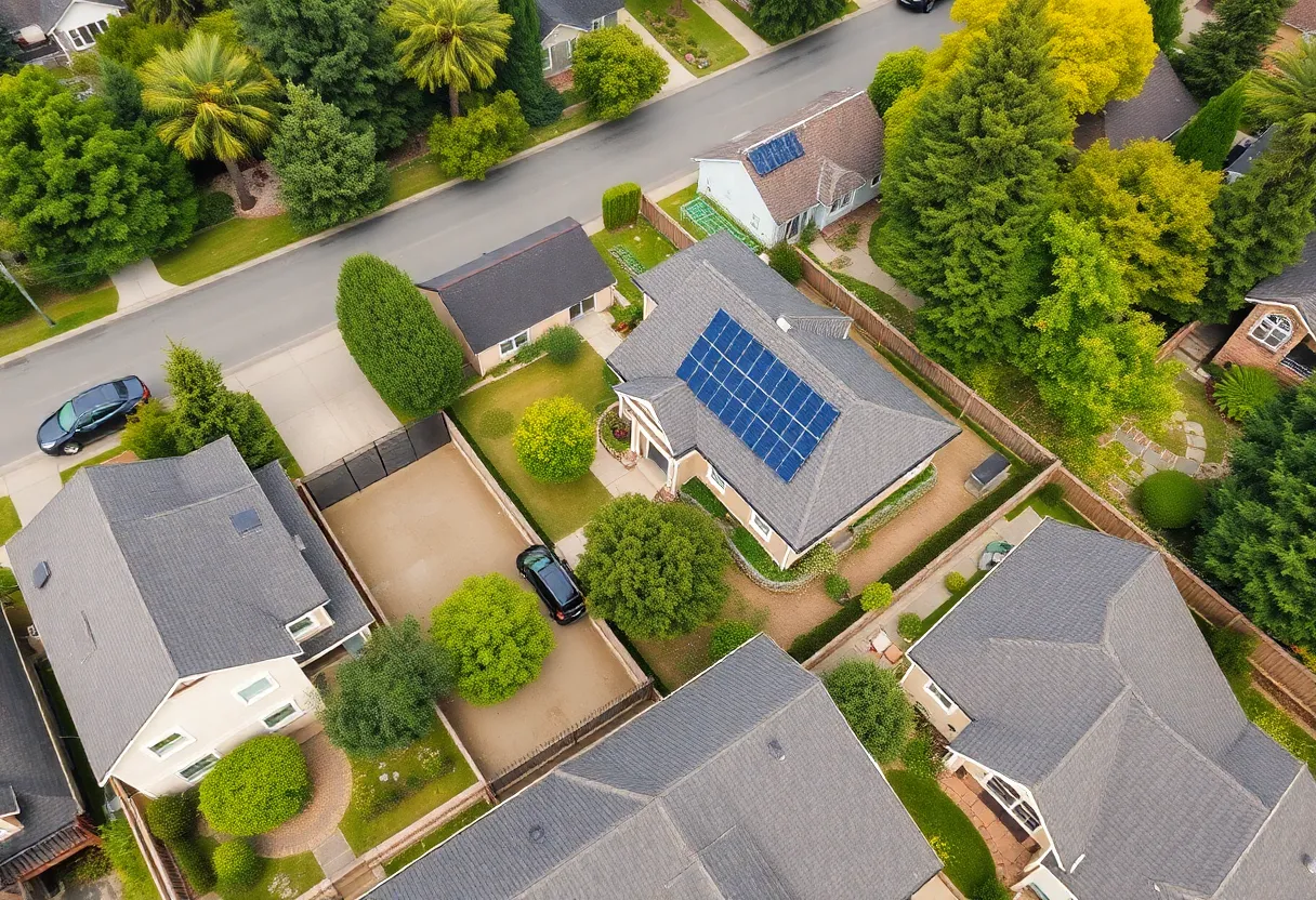 Aerial view of a suburban neighborhood with houses and gardens
