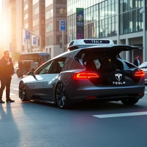 Tesla vehicle providing ride service in an urban setting.