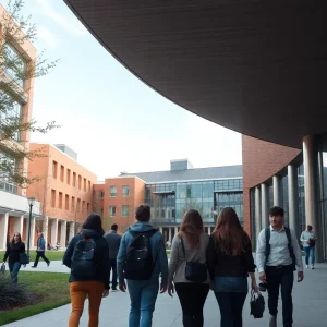 Students walking on a university campus discussing admissions policies