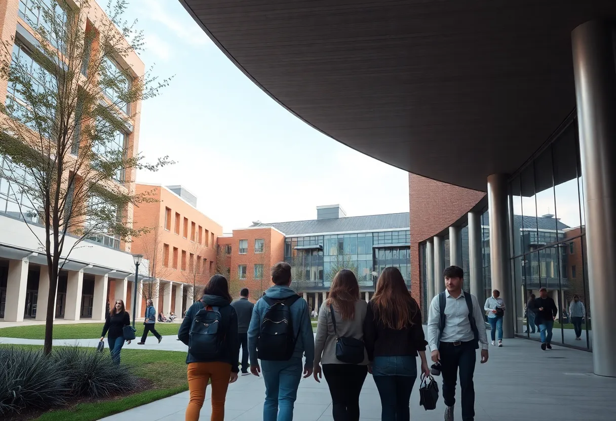 Students walking on a university campus discussing admissions policies