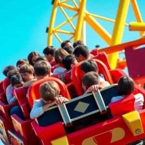 Roller coaster at Six Flags Magic Mountain with riders experiencing thrill